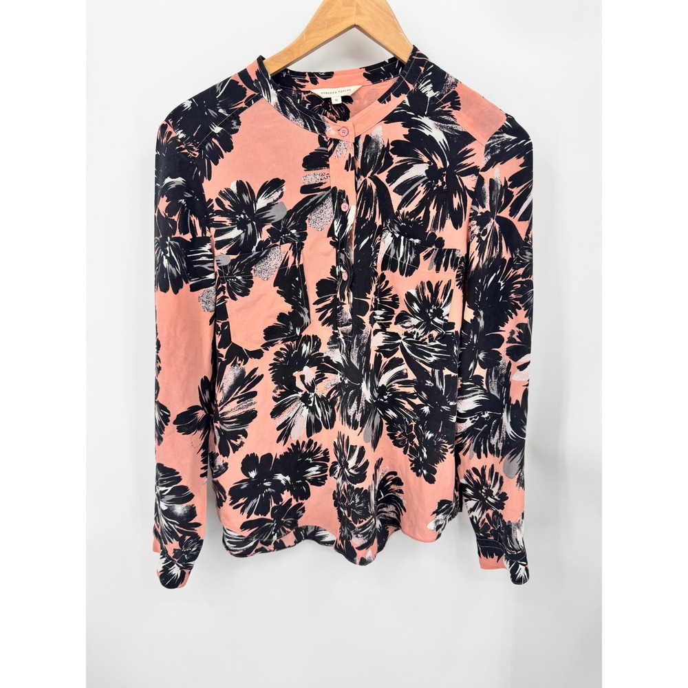 Rebecca Taylor Silk Blouse Women 10 Pink Black Floral Palm Leaf Long Sleeve